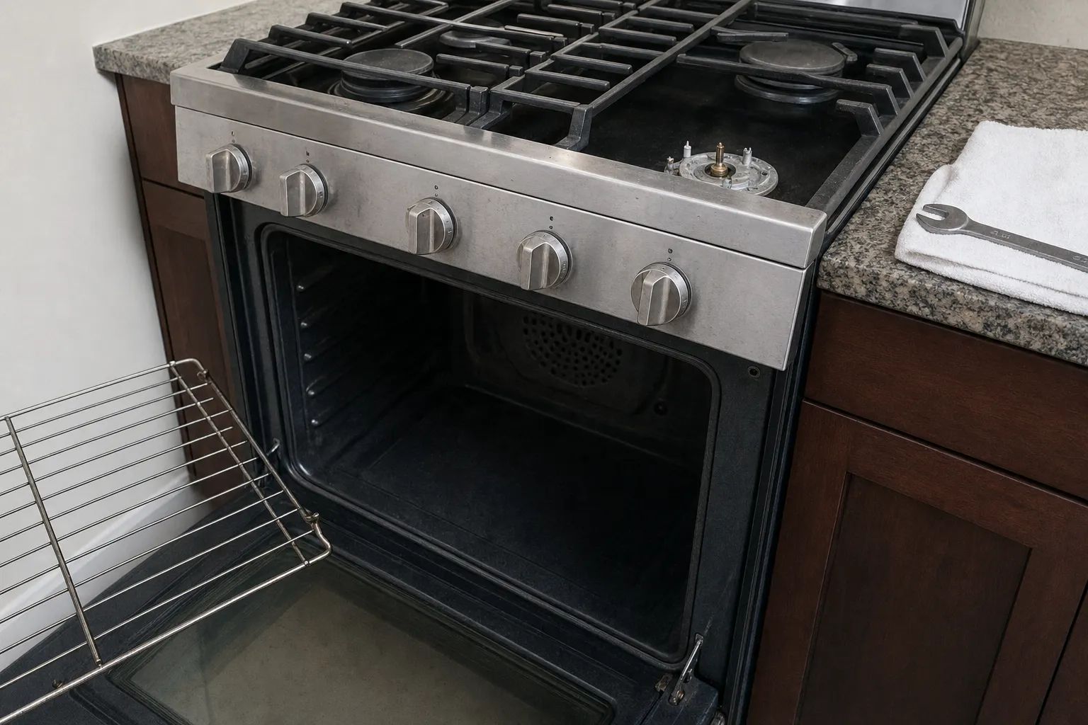 Corner of a stainless gas range, oven door lowered and one burner cap removed to expose the igniter beneath