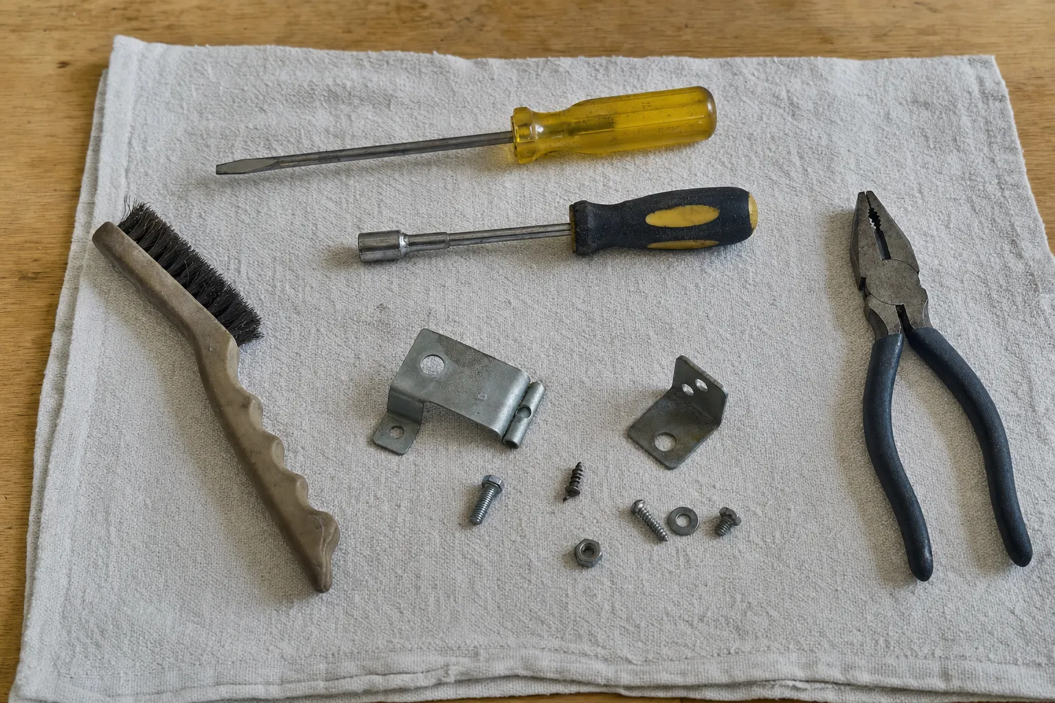 A wire brush, screwdriver, nut driver and pliers on a grey towel beside two hinge brackets and their screws