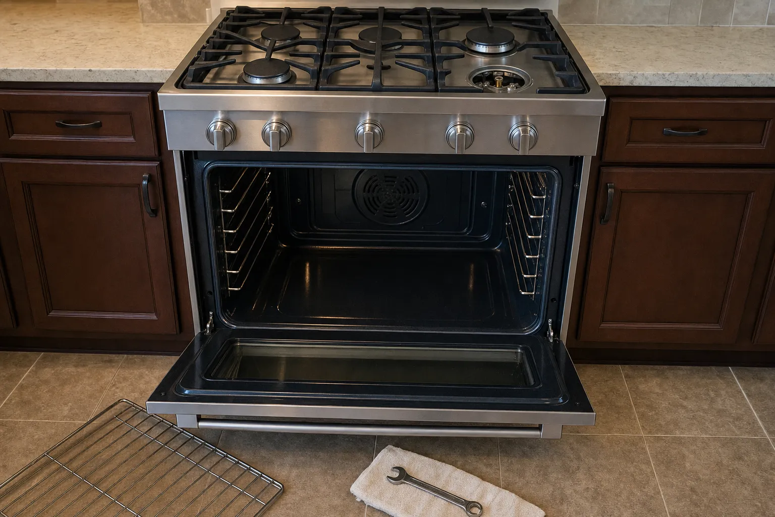 Wide stainless range with five knobs, the oven door fully open on an empty cavity and a rack on the tiled floor