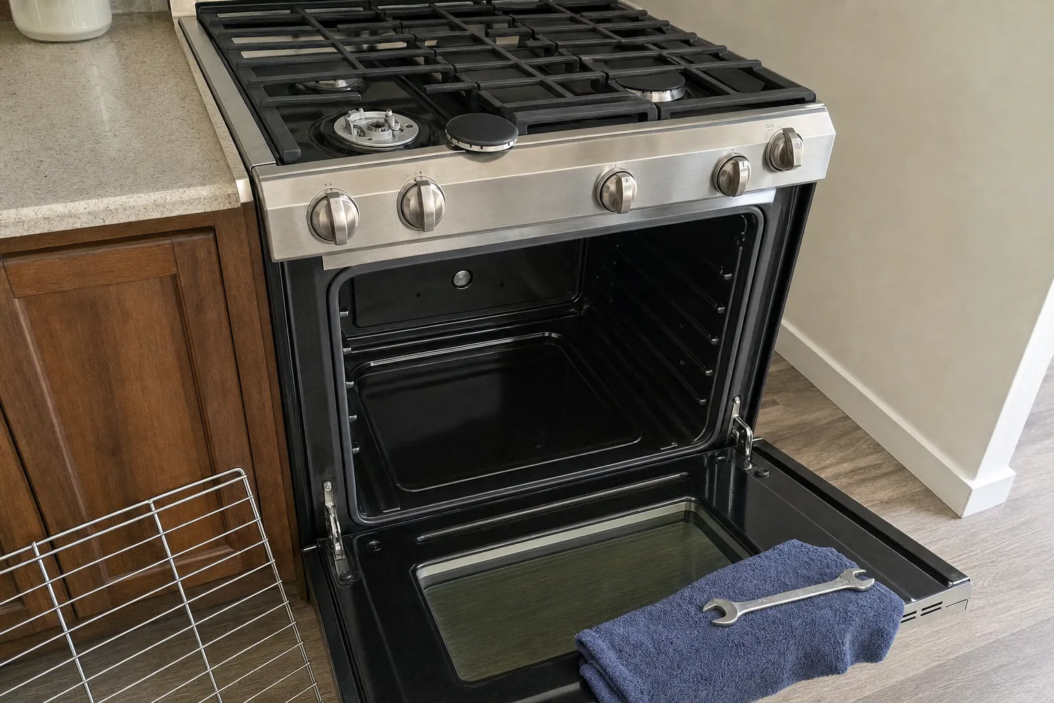 Stainless slide-in gas range, oven door lowered with a rack still inside and a wrench on a blue folded towel