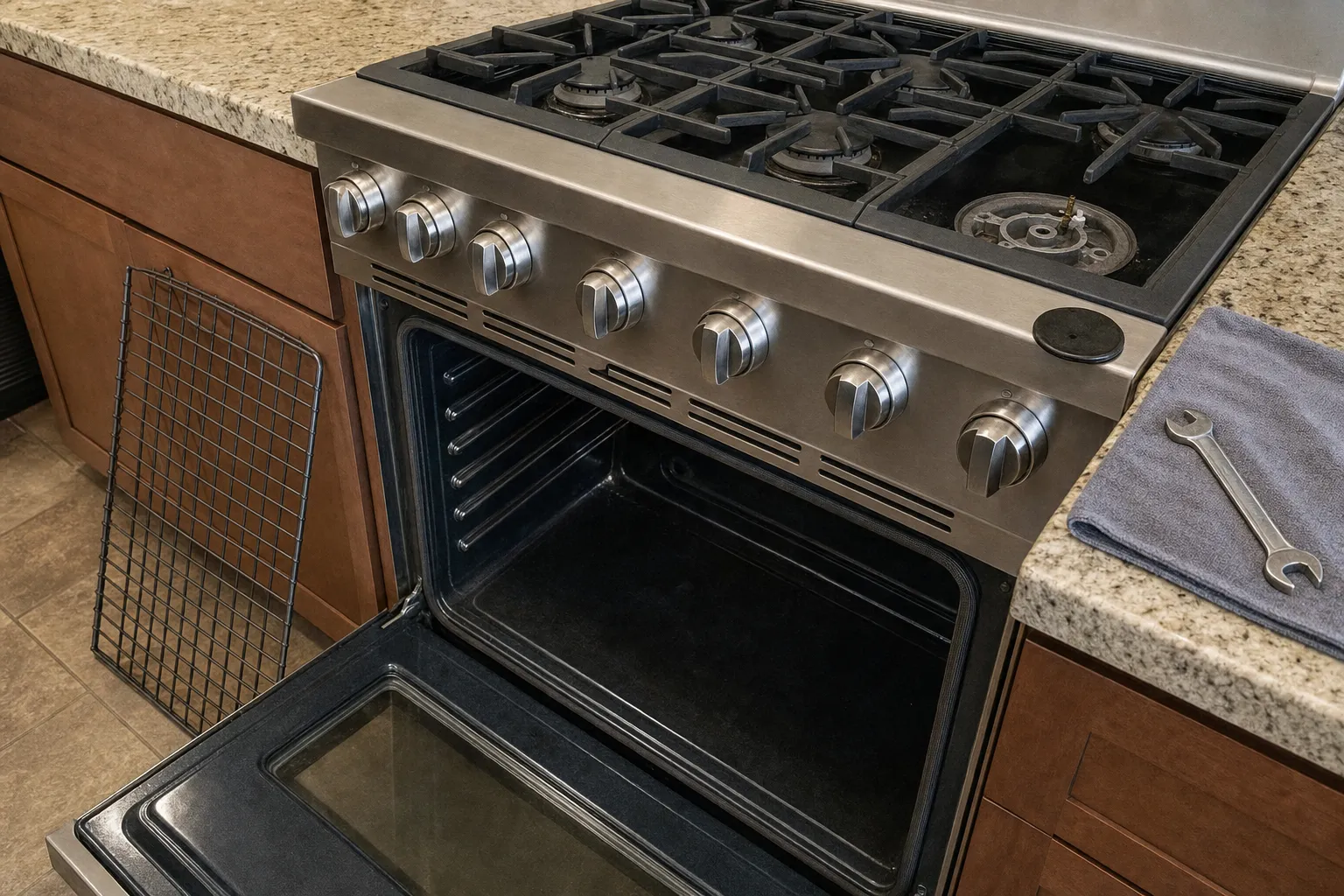 Gas cooktop with one burner cap and grate lifted away, exposing the burner head, its orifice and the electrode