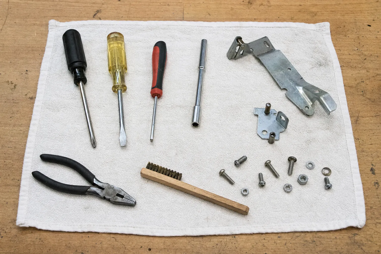 Screwdrivers, pliers and a wire brush on a towel beside a removed door hinge assembly and its screws and nuts