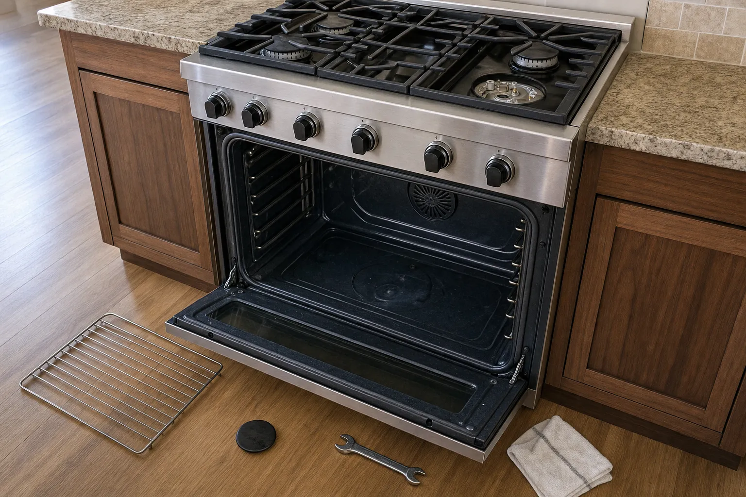 Stainless range in a wood-floored kitchen, oven door open, a rack, burner cap, wrench and towel on the floor