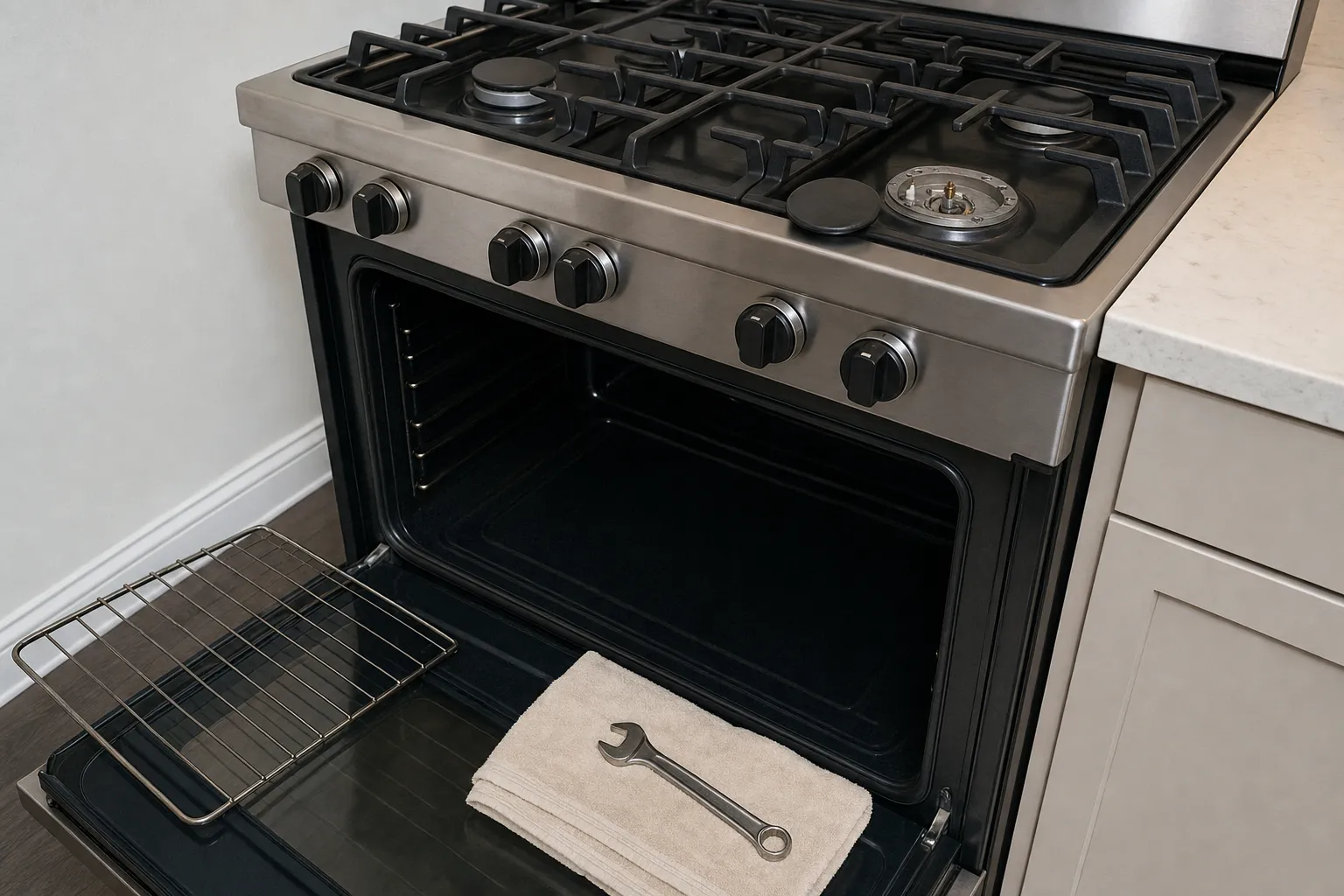 Stainless range with six black knobs, one burner cap laid on the cooktop, and a rack and a wrench on a folded towel set on the open oven door