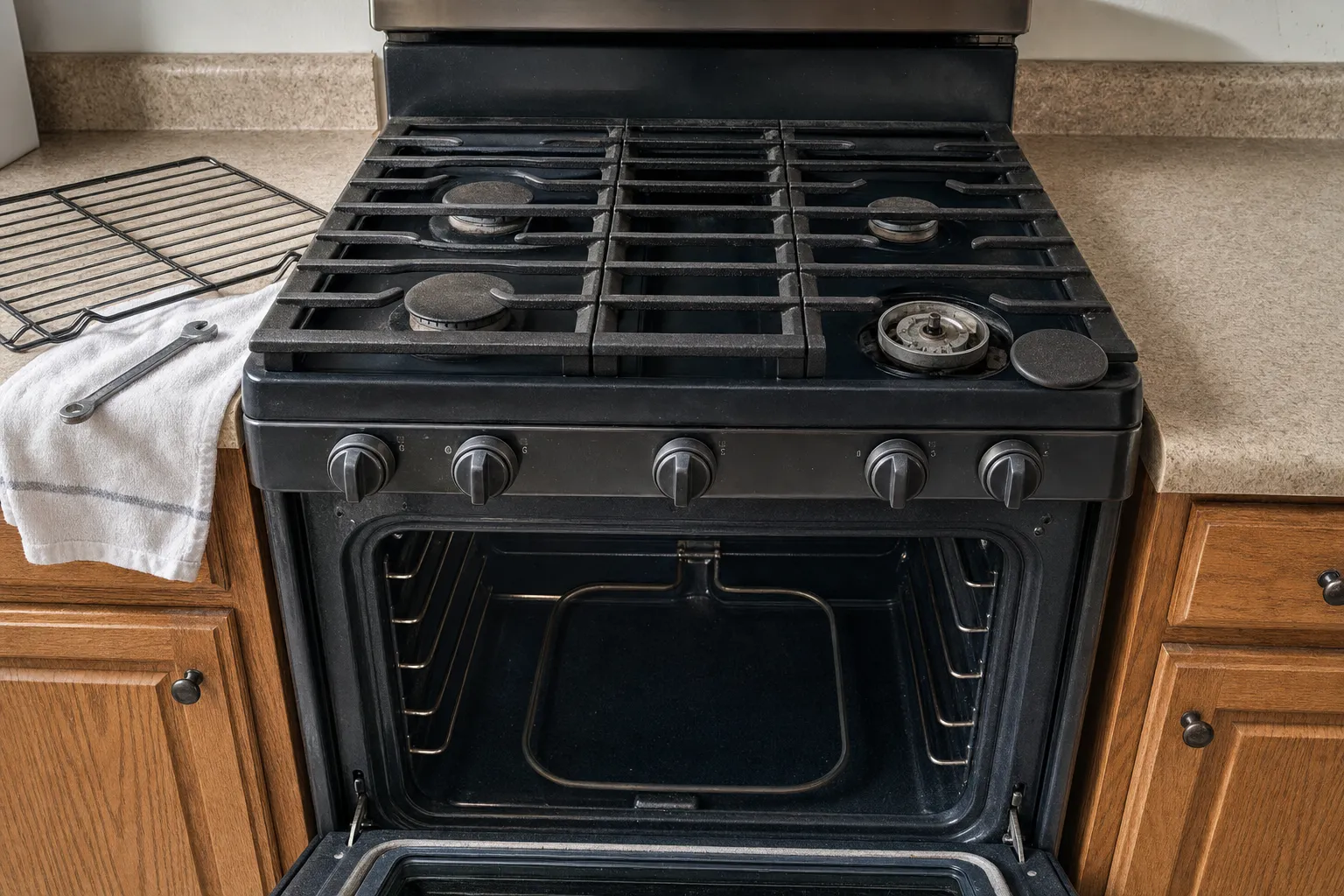 Black gas range in oak cabinetry, oven door lowered on a looped heating element along the cavity floor, one burner cap off and a wrench on a towel beside it