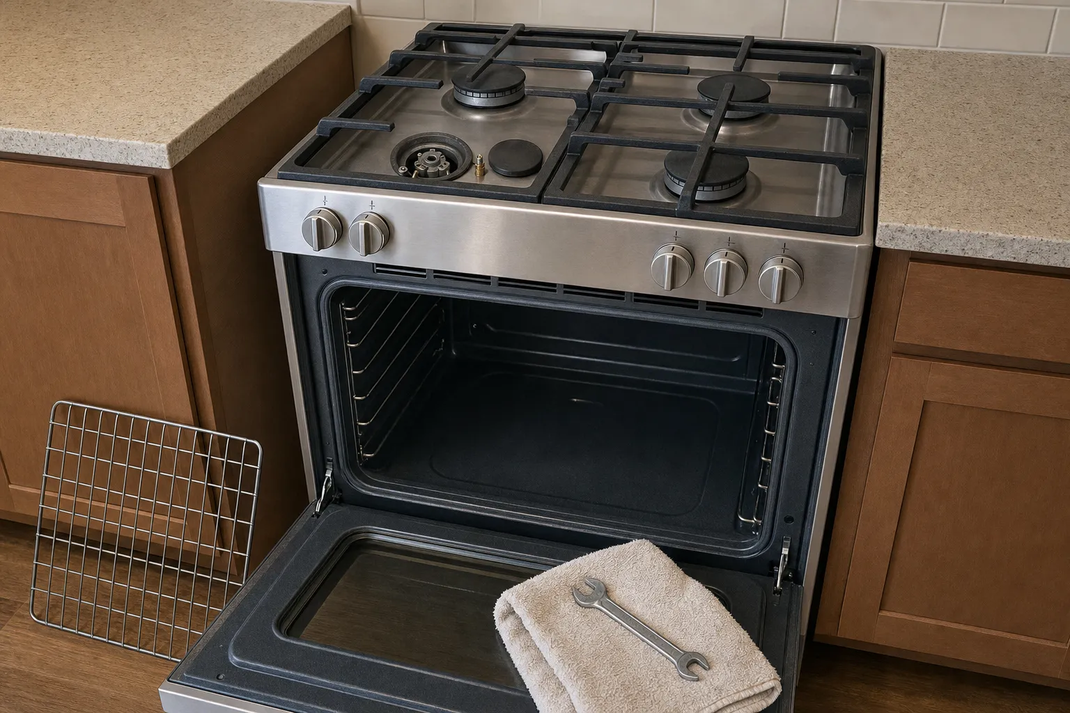 Stainless range in wood cabinetry with one burner cap set beside its base and a brass fitting showing, the oven door down with a towel and wrench